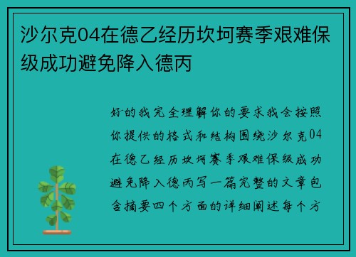 沙尔克04在德乙经历坎坷赛季艰难保级成功避免降入德丙